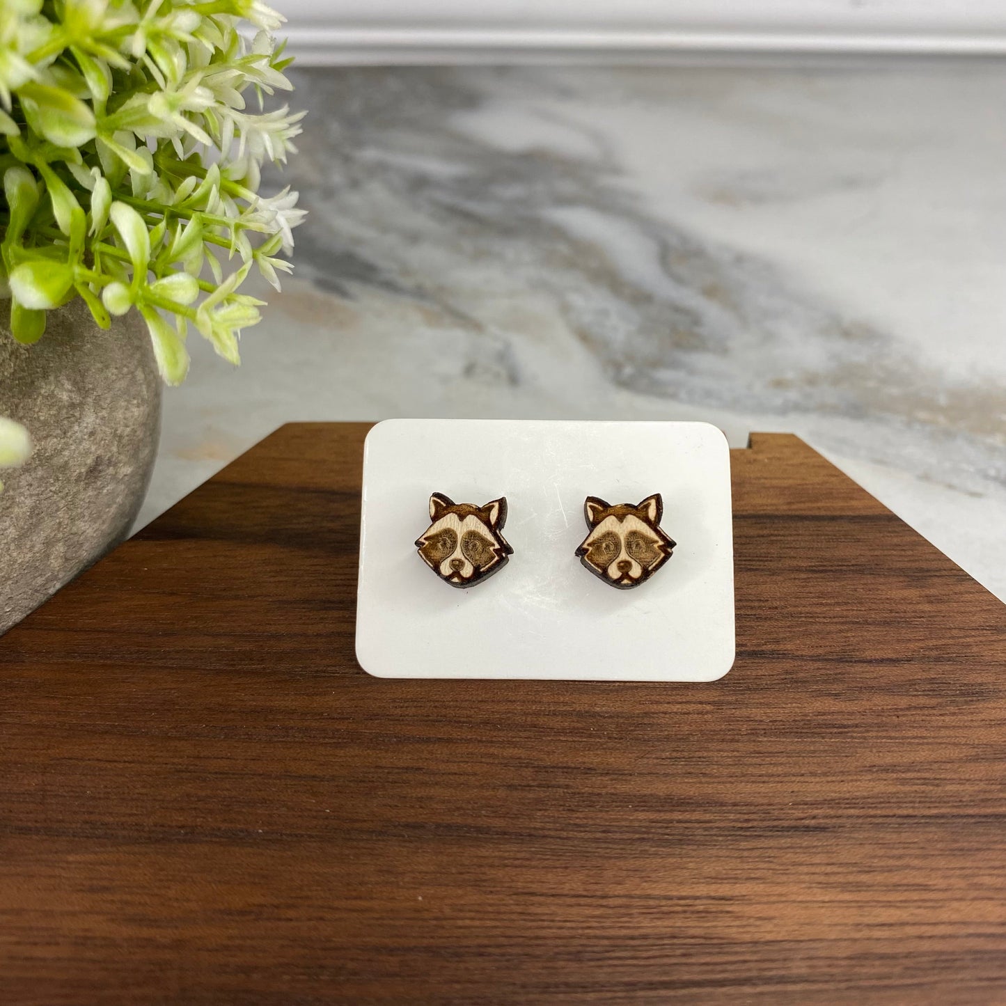 Wooden Stud Earrings - Raccoon