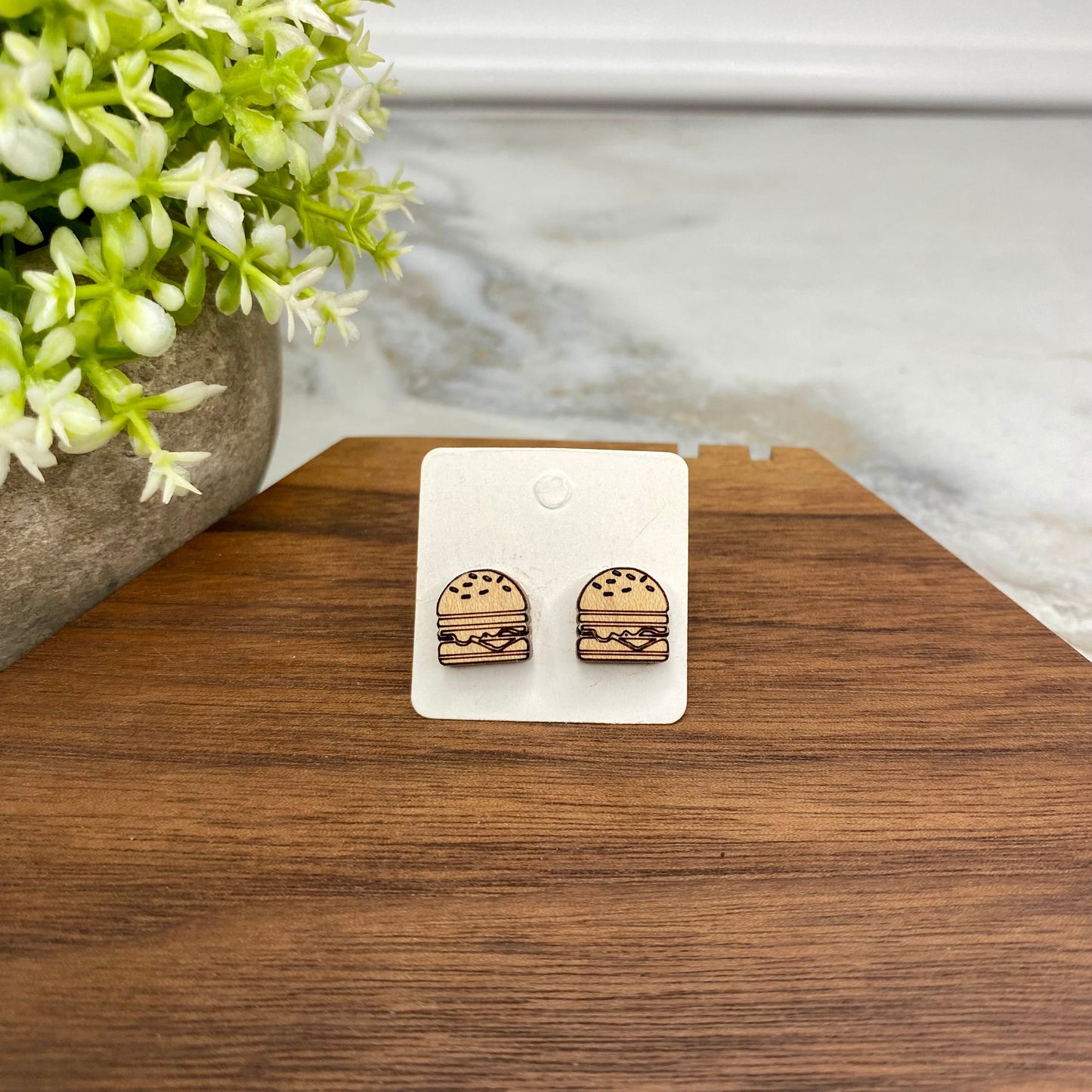 Wooden Stud Earrings - Burger